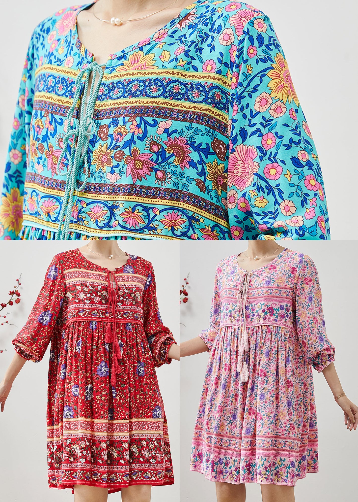 Red Tasseled Print Cotton Mini Dresses Fall