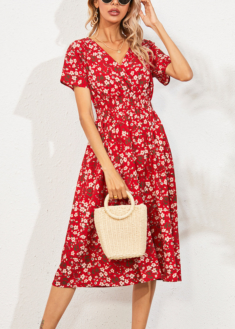 Red V Nec Print Long Dress Summer