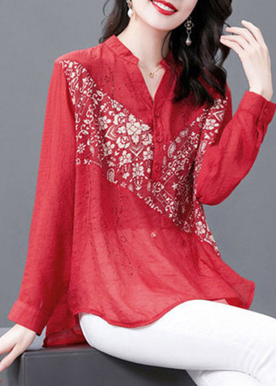 Red V Neck Print Button Diamonds Chiffon Tops Long Sleeve