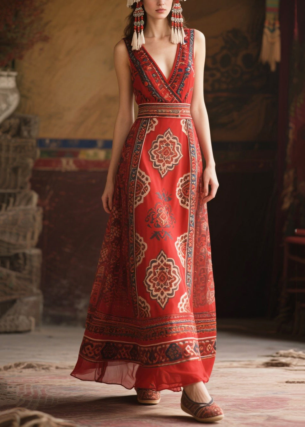 Red V Neck Print Chiffon Tunic Dress Sleeveless