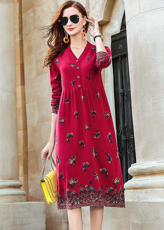 Red V Neck Print Knit Long Dresses Spring