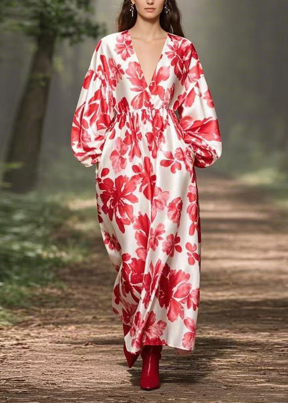 Red V Neck Print Pockets Silk Maxi Dresses Spring