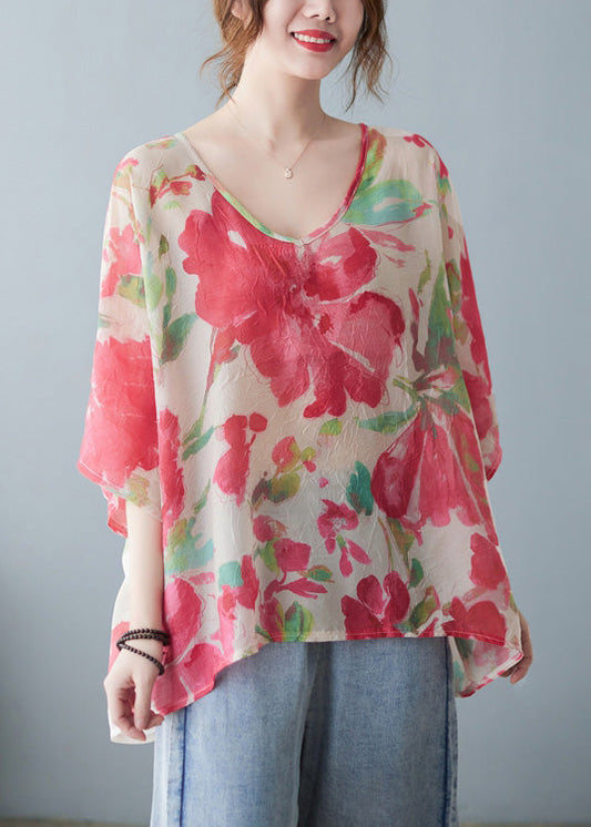 Red V Neck Print T Shirt Half Sleeve