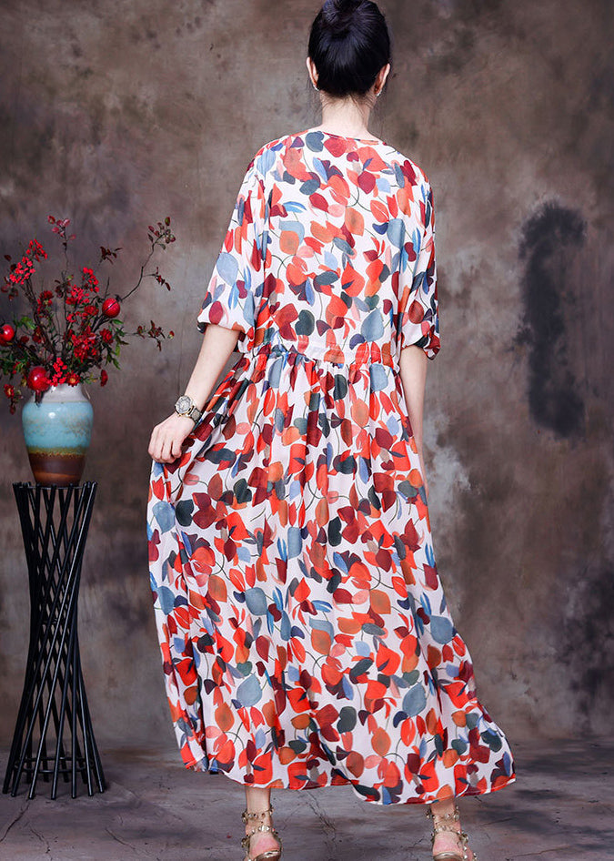 Red V Neck Print Tie Waist Chiffon Maxi Dresses Half Sleeve