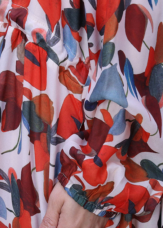 Red V Neck Print Tie Waist Chiffon Maxi Dresses Half Sleeve