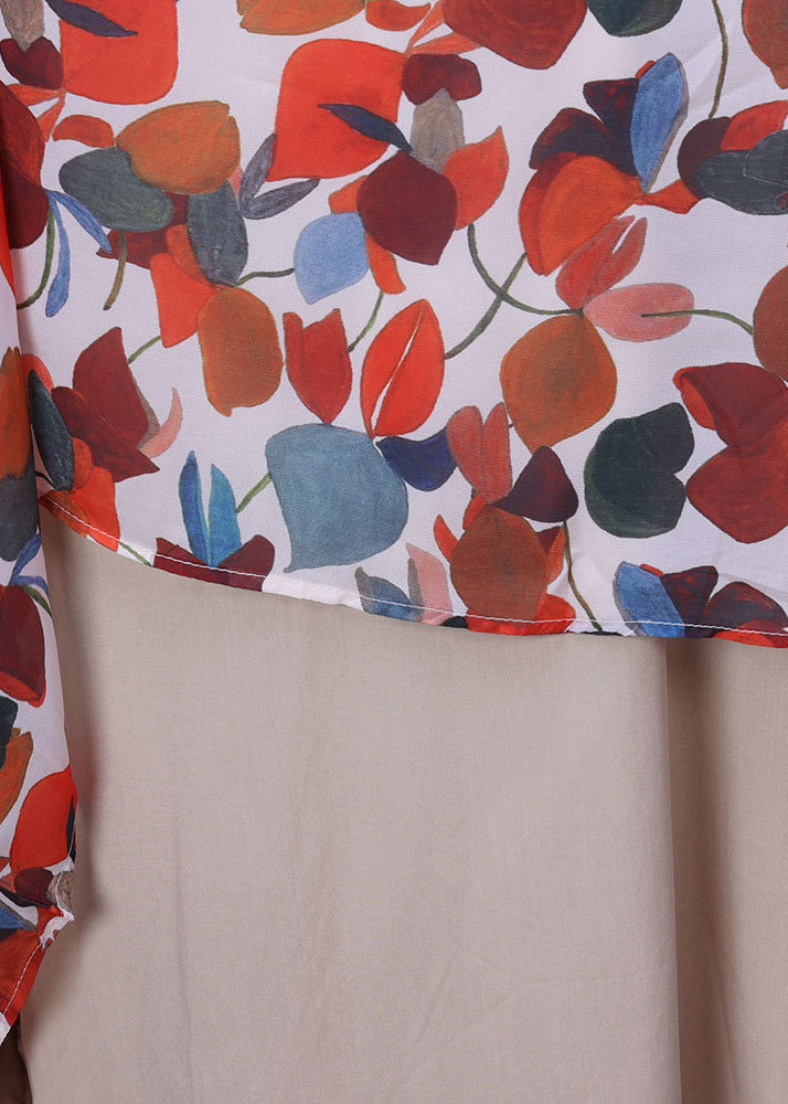 Red V Neck Print Tie Waist Chiffon Maxi Dresses Half Sleeve
