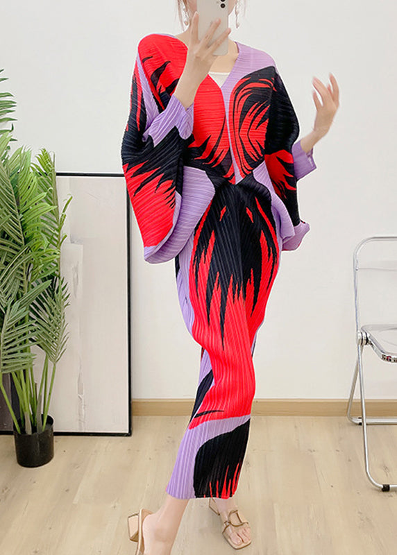 Red V Neck Print Wrinkled Vestidos Dress Long Sleeve