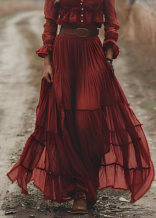 Red V Neck Wrinkled Patchwork Cotton Maxi Dresses Long Sleeve