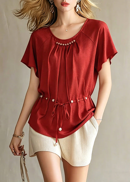 Red Wrinkled Tie Waist Chiffon Top Short Sleeve