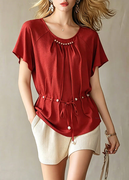 Red Wrinkled Tie Waist Chiffon Top Short Sleeve