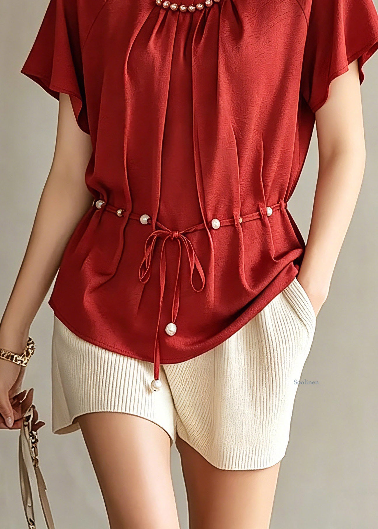 Red Wrinkled Tie Waist Chiffon Top Short Sleeve
