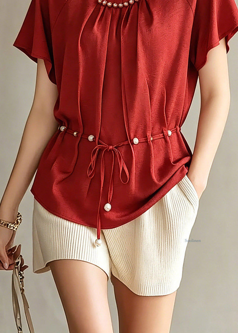 Red Wrinkled Tie Waist Chiffon Top Short Sleeve