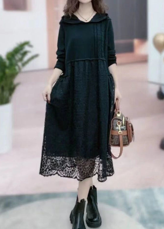 Rose Hooded Patchwork Lace Long Dresses Fall