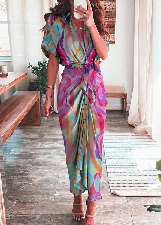 Rose Lantern Sleeve Lace Up Slit Lapel Dress