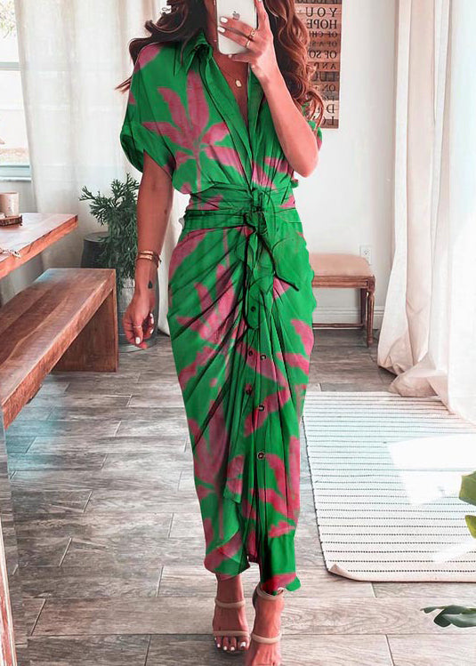 Rose Lantern Sleeve Lace Up Slit Lapel Dress