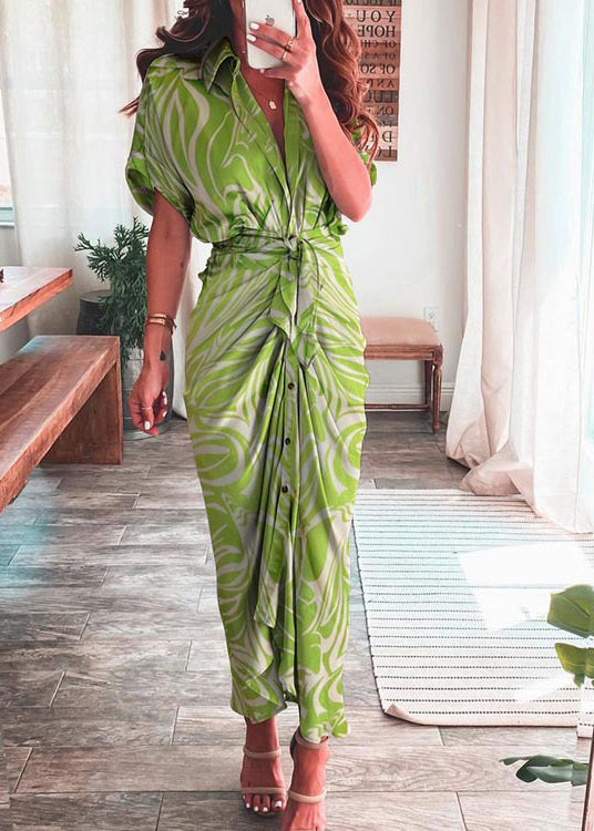 Rose Lantern Sleeve Lace Up Slit Lapel Dress