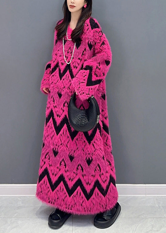 Rose O Neck Teddy Patchwork Knit Long Dress Fall