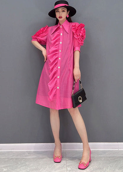 Rose Peter Pan Collar Patchwork Ruffles Silk Maxi Dresses Short Sleeve
