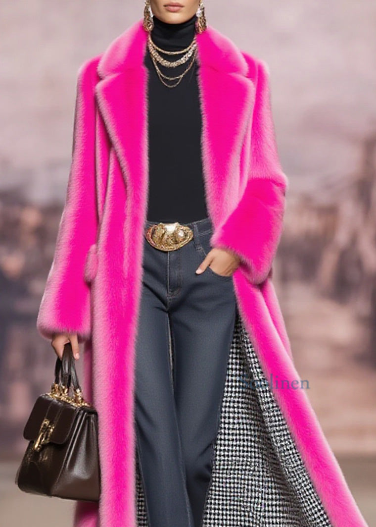 Rose Peter Pan Collar Pockets Faux Fur Coat Winter