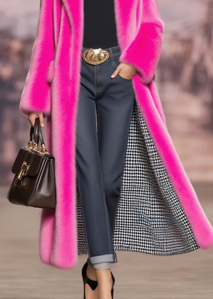 Rose Peter Pan Collar Pockets Faux Fur Coat Winter