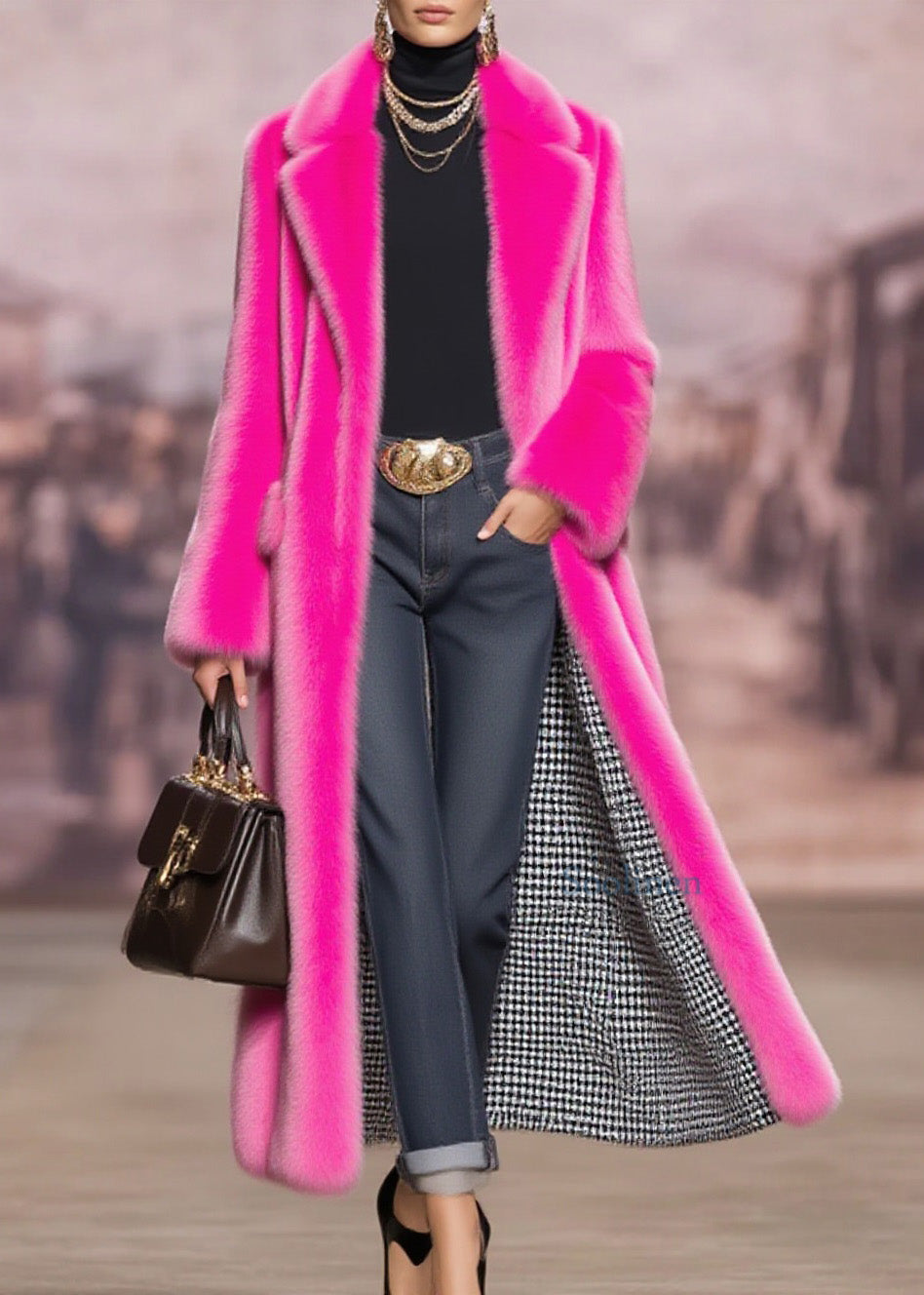 Rose Peter Pan Collar Pockets Faux Fur Coat Winter