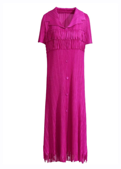Rose Peter Pan Collar Wrinkled Tulle Maxi Shirts Dress Summer