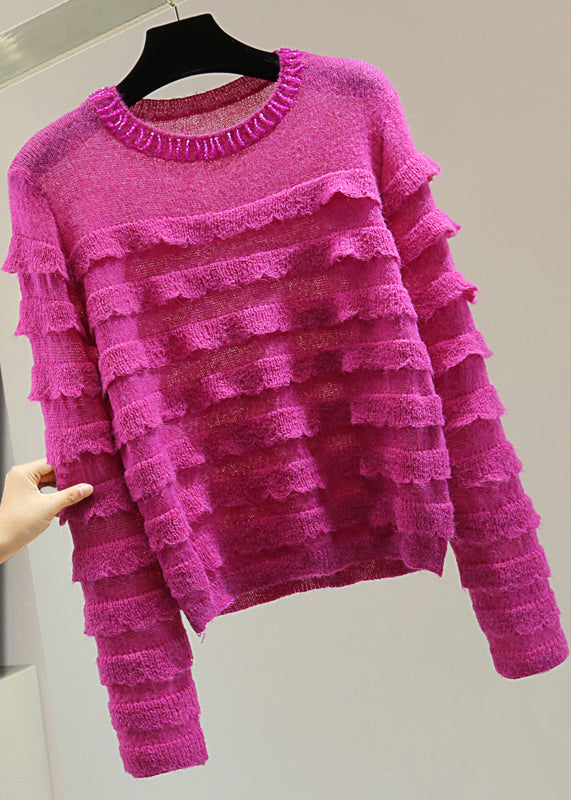 Rose Ruffled Patchwork Nail Bead Cotton Knit Sweater Winter