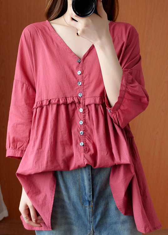Rose V Neck Button Asymmetrical Design Ruffled Fall Shirt Half Sleeve