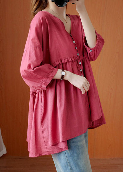 Rose V Neck Button Asymmetrical Design Ruffled Fall Shirt Half Sleeve
