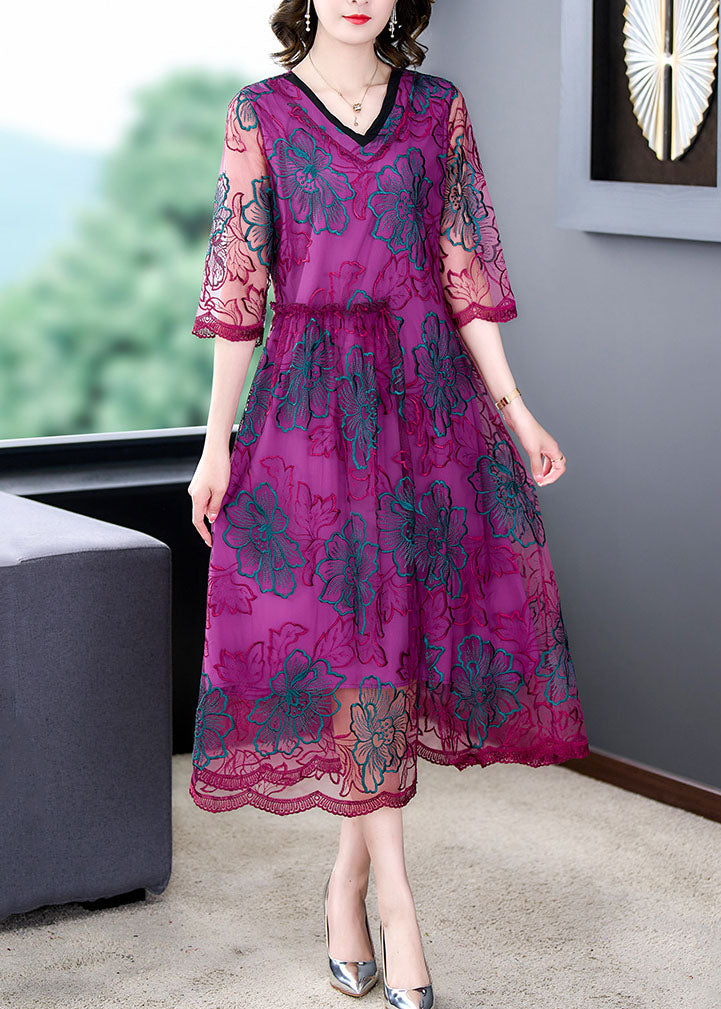 Rose V Neck Embroideried Patchwork Silk Dresses Summer