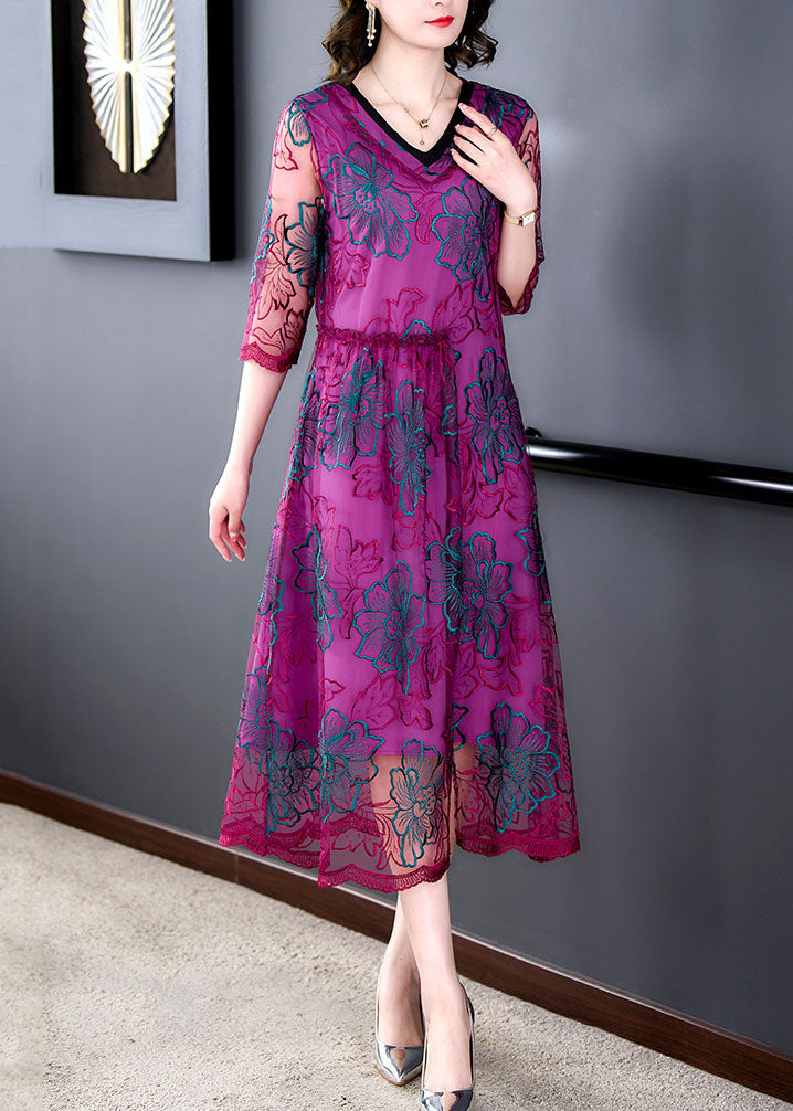 Rose V Neck Embroideried Patchwork Silk Dresses Summer