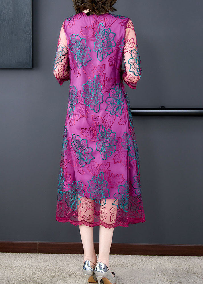 Rose V Neck Embroideried Patchwork Silk Dresses Summer