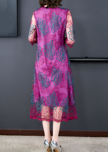 Rose V Neck Embroideried Patchwork Silk Dresses Summer
