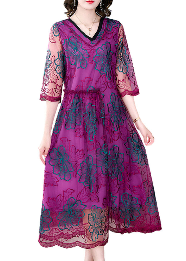 Rose V Neck Embroideried Patchwork Silk Dresses Summer
