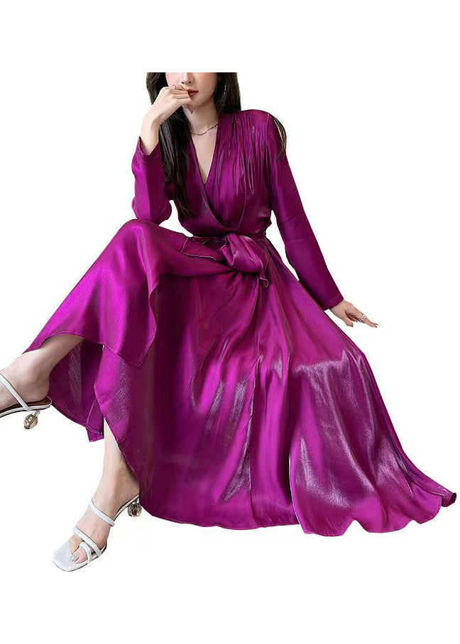 Rose V Neck Tie Waist Silk Long Dress Spring