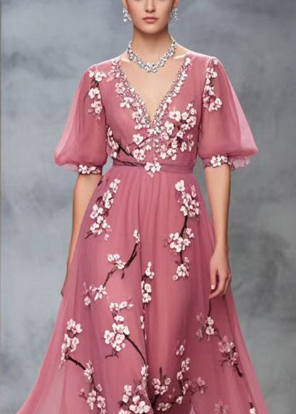Rubber Red V Neck Print Chiffon Long Dress Summer
