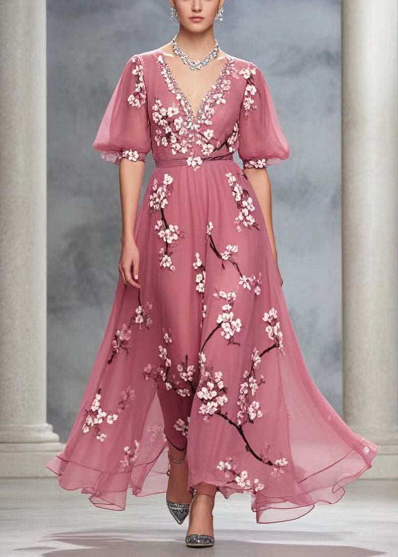 Rubber Red V Neck Print Chiffon Long Dress Summer
