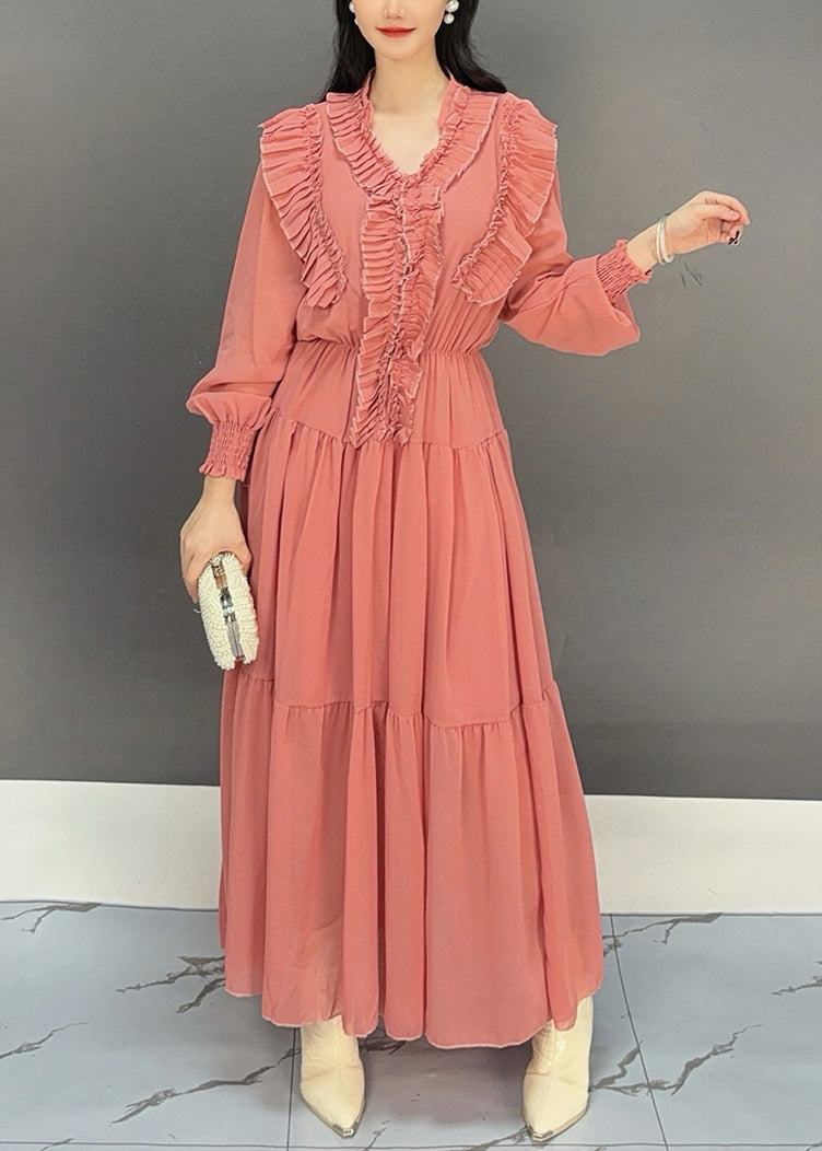 Rubber Red V Neck Ruffled Chiffon Dresses Fall