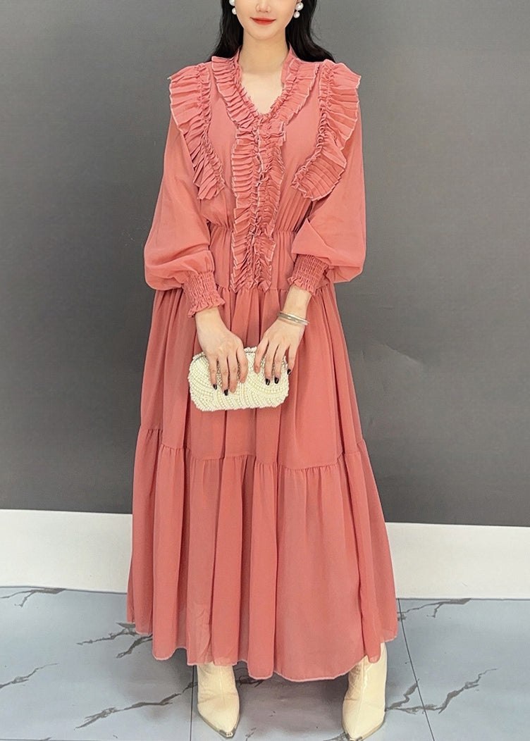 Rubber Red V Neck Ruffled Chiffon Dresses Fall