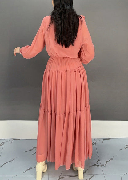 Rubber Red V Neck Ruffled Chiffon Dresses Fall