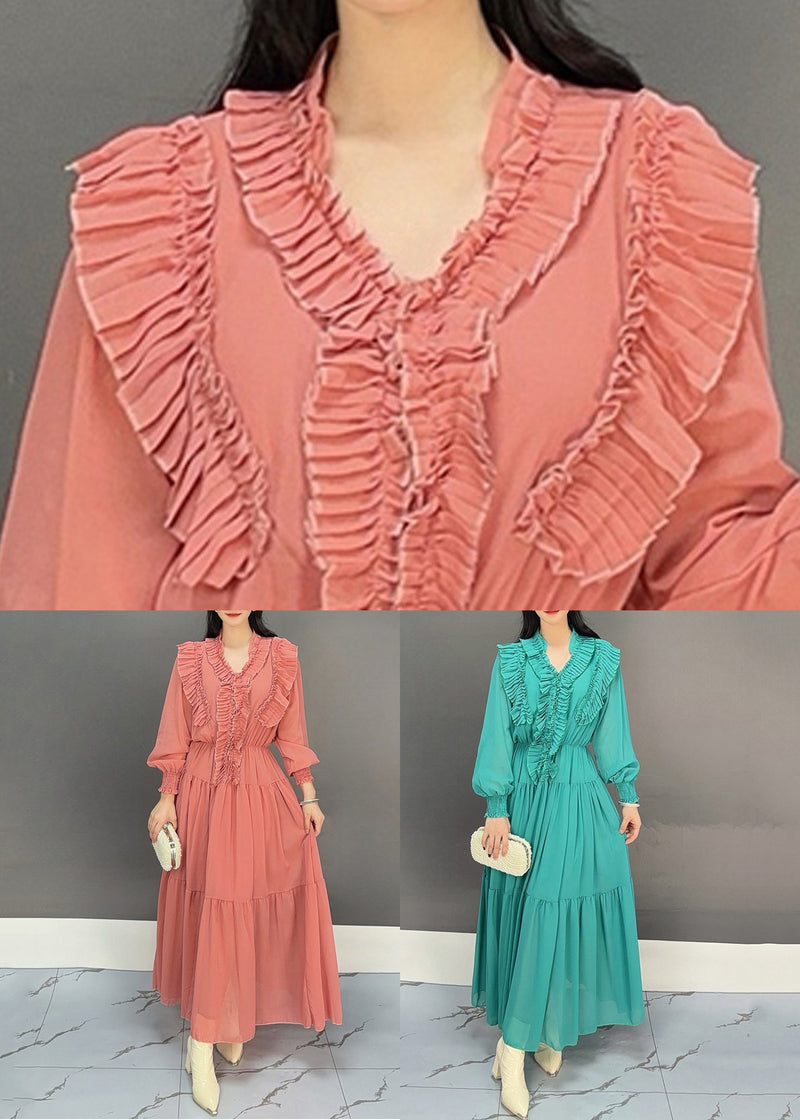 Rubber Red V Neck Ruffled Chiffon Dresses Fall