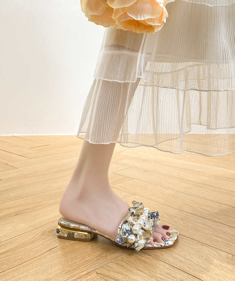 Ruffled Pearl Chunky Slide Sandals Peep Toe