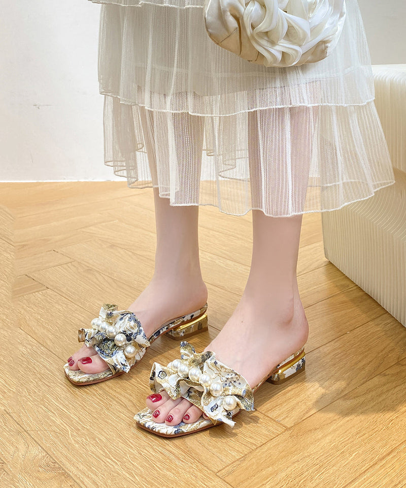 Ruffled Pearl Chunky Slide Sandals Peep Toe