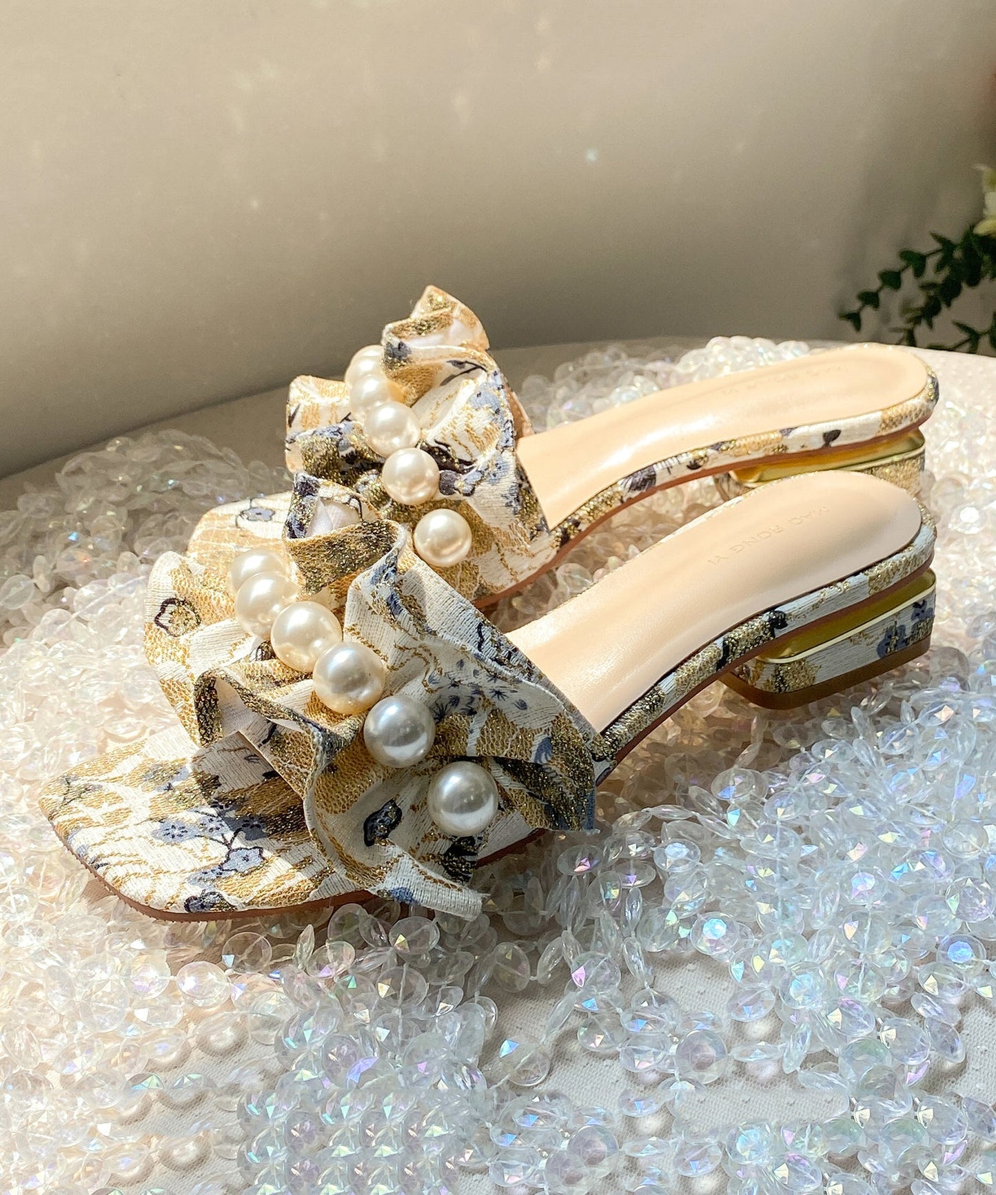 Ruffled Pearl Chunky Slide Sandals Peep Toe