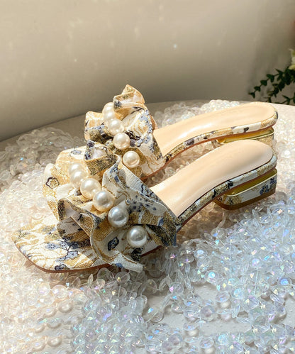 Ruffled Pearl Chunky Slide Sandals Peep Toe