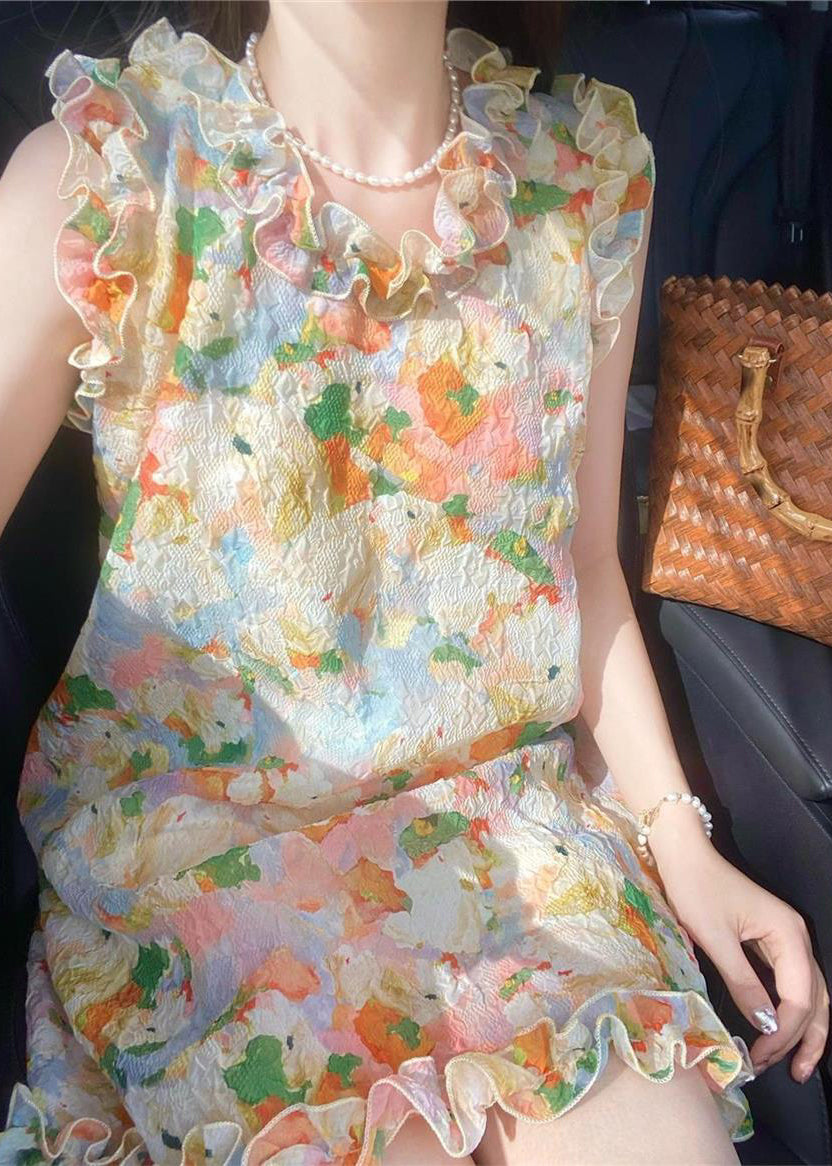 Ruffled Print Mid Dresses Sleeveless