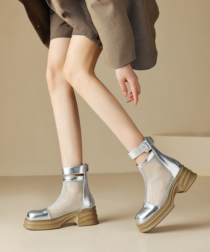 Silk Chunky Cowhide Leather Breathable Mesh Splicing Boots