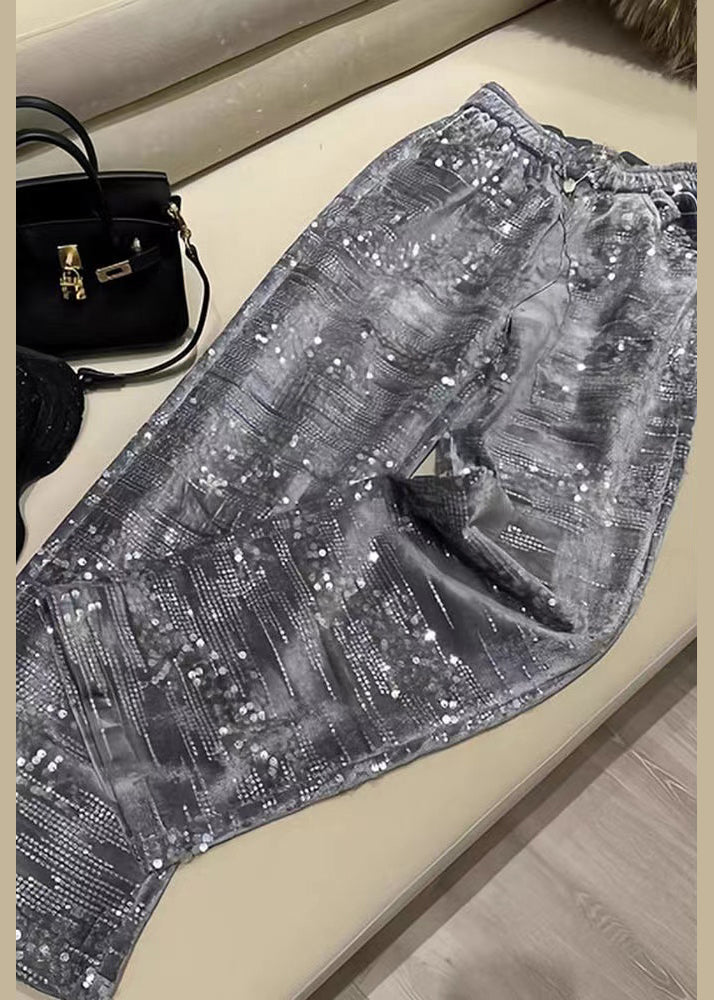 Silver Sequins Elastic Waist Straight Pants Spring
