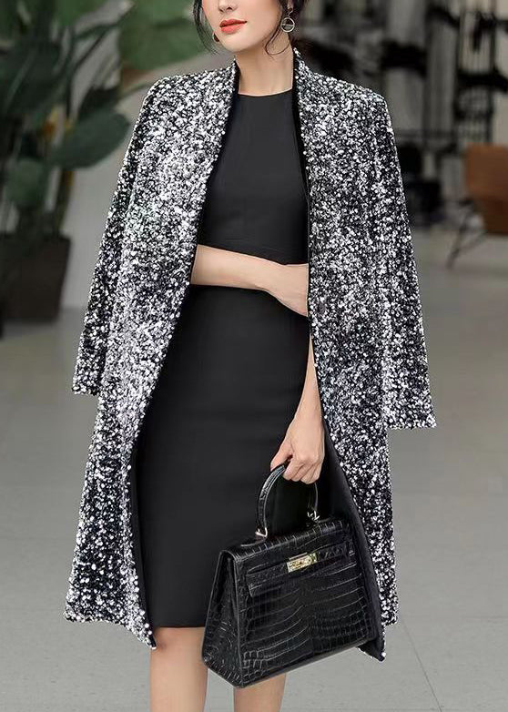 Silver V Neck Slim Fit Sequins Trench Spring