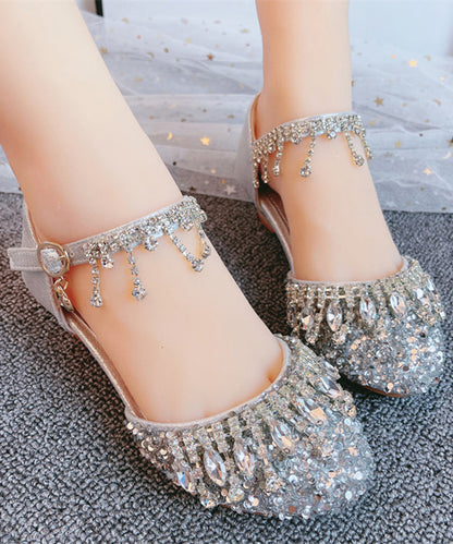 Silvery Crystal Tassel Buckle Strap Flats Shoes